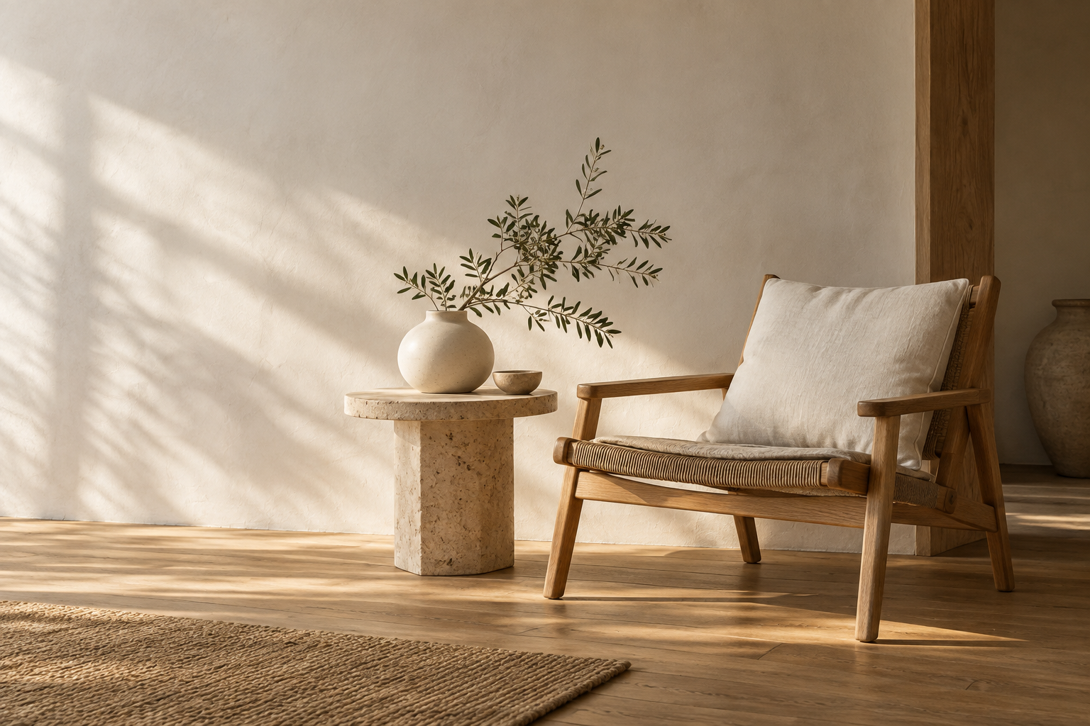 A sunlit room with a chair, side table and ceramic vessel