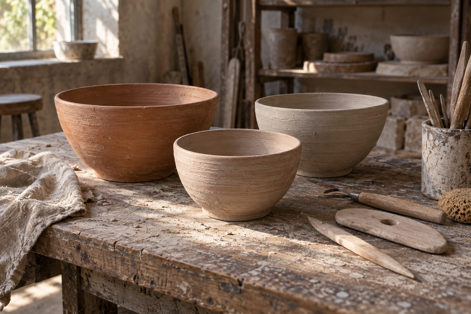 Ceramic bowls on a workbench